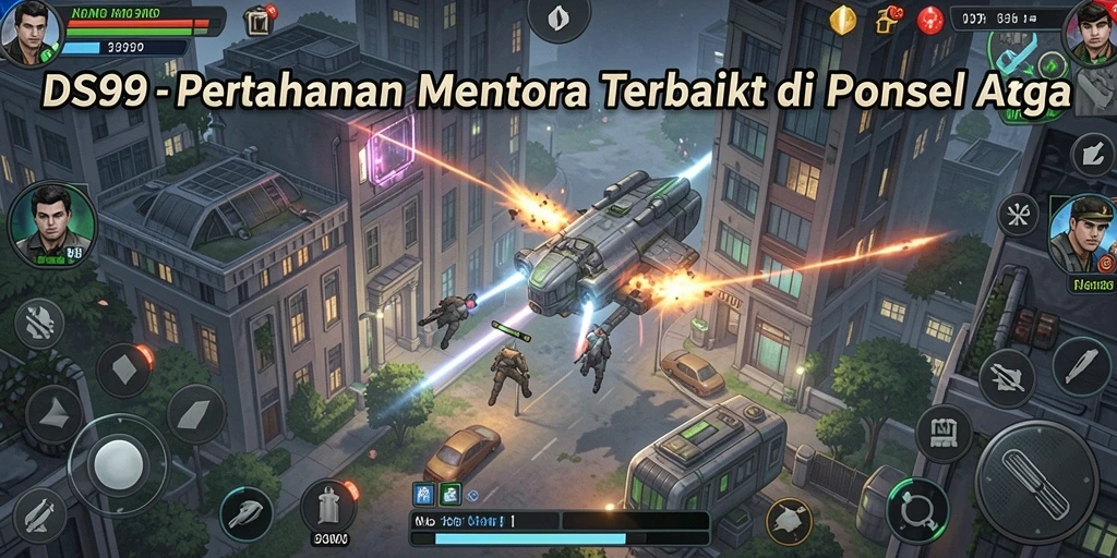 Screenshot dari gameplay DS99 menampilkan menara bertahan yang kuat dan musuh yang menyerang.