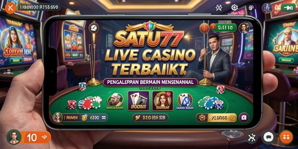 Screenshot utama SATU77 menampilkan dealer langsung dalam game Live Casino.