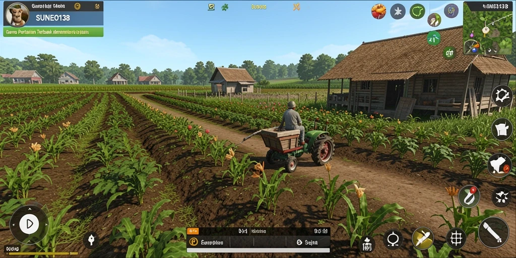 Tampilan utama gameplay SUNEO138 dengan ladang yang subur.