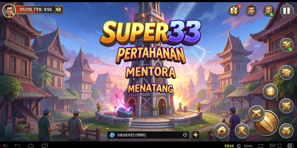Tangkapan layar dari gameplay <strong>SUPER33</strong> yang menunjukkan pertahanan menara yang strategis.